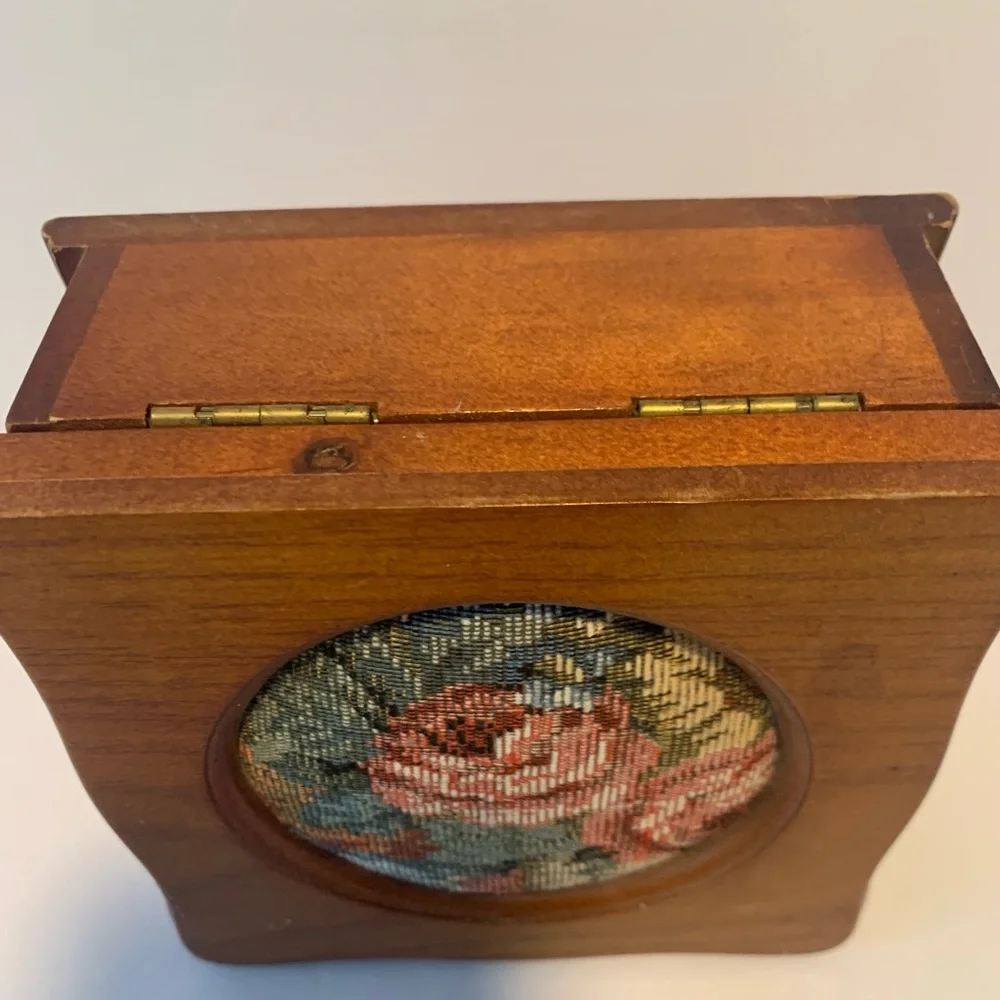 Vintage Cherry Wood jewelry box 6.5”x 7”Needlepoint, Floral Tapestry
